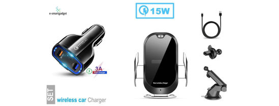 Imagine Set Incarcator Masina Automatic Sensor, Fast Wireless Chargers, 15W, + Fast Auto Usb 12v/3.5A