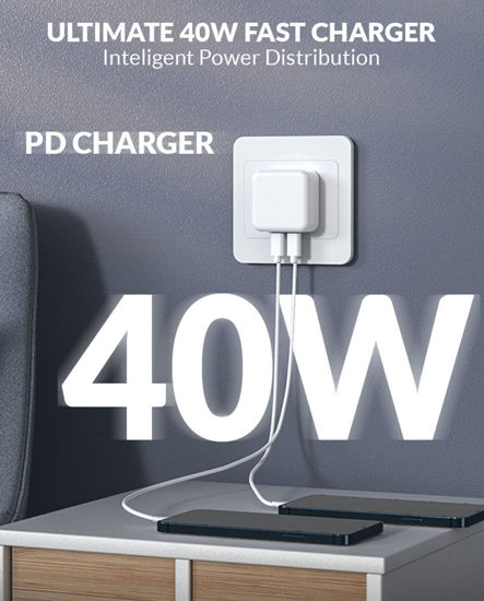Imagine Set incarcator 40W Dual USB-C, PD 3.0 pentru iPhone 14, 13, 12 ProMax, iPad, 1 cablu date c-c, 1 cablu date lighting usb-C, 2m