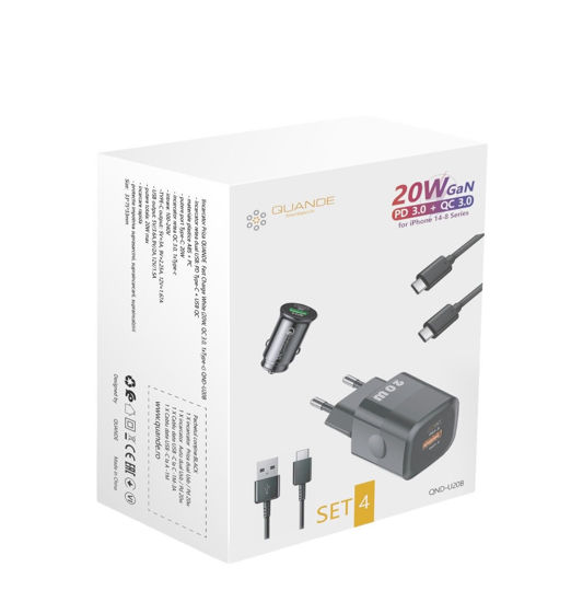 Imagine Set 4 buc, 1 incarcator 20W PD Type-C, USB QC, 1 Adaptor auto PD Type-C, USB QC, pentru pentru Galaxy s21, s20, Note10, s10, 1 cablu date usb-C-usb-A, 1 cablu date C-C, 1M
