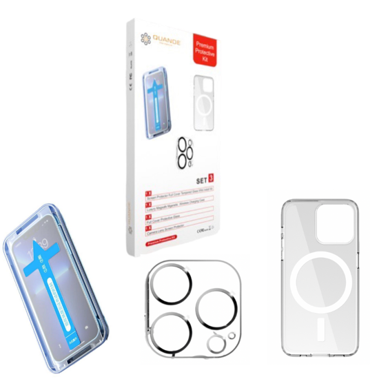 Imagine Set 3 bucati premium protectie kit, Folii sticla compatibil cu iPhone 12 Pro cu Easy Install Kit husa transparenta MagSafe, folie sticla protectie camere spate