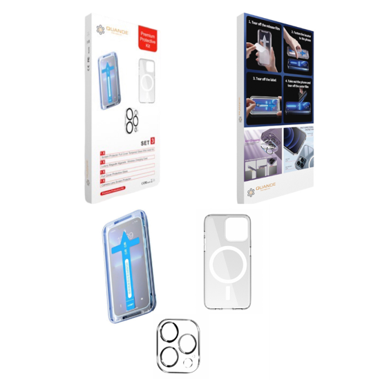 Imagine Set 3 bucati premium protectie kit, Folii sticla compatibil cu iPhone 14 Pro cu Easy Install Kit husa transparenta MagSafe, folie sticla protectie camere spate