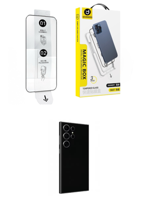 Imagine Kit Folii sticla compatibil cu Galaxy s25 ultra, huse silicon negru, instalare usoara si rapida cu dispozitiv de potrivire automata in 3 sec cu Easy Install Kit