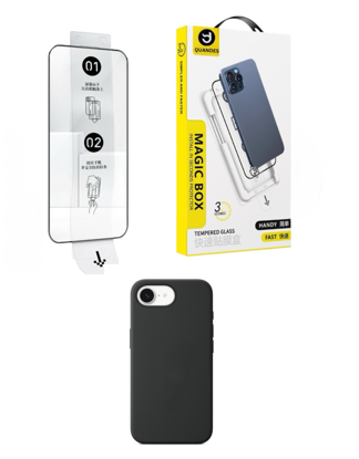 Imagine Kit Folii sticla compatibil cu iPhone 16e, huse silicon negru, instalare usoara si rapida cu dispozitiv de potrivire automata in 3 sec cu Easy Install Kit