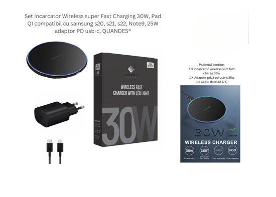 Imagine Set Incarcator Wireless super Fast Charging 30W, Pad QI compatibil cu samsung s24, s23, s22, S20, Iphone 15, 14, 25W adaptor PD usb-c
