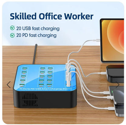 Imagine Statie de incarcare 400W Smart cu 40-Port USB PD Charger 20USB-A+20USB-C PD QC3.0 Fast Charging, pentru iPhone 17/16/ 15 /14 /13 Pro Max, Samsung Galaxy Z Flip7/6 for S25/24/23/22 si ventilator