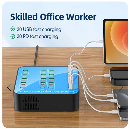 Imagine Statie de incarcare 400W Smart cu 40-Port USB PD Charger 20USB-A+20USB-C PD QC3.0 Fast Charging, pentru iPhone 17/16/ 15 /14 /13 Pro Max, Samsung Galaxy Z Flip7/6 for S25/24/23/22 si ventilator