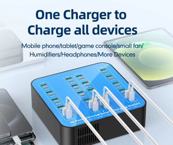 Imagine Statie de incarcare 400W Smart cu 40-Port USB PD Charger 20USB-A+20USB-C PD QC3.0 Fast Charging, pentru iPhone 17/16/ 15 /14 /13 Pro Max, Samsung Galaxy Z Flip7/6 for S25/24/23/22 si ventilator