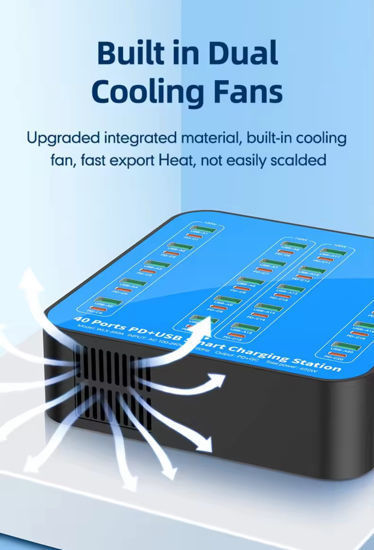 Imagine Statie de incarcare 400W Smart cu 40-Port USB PD Charger 20USB-A+20USB-C PD QC3.0 Fast Charging, pentru iPhone 17/16/ 15 /14 /13 Pro Max, Samsung Galaxy Z Flip7/6 for S25/24/23/22 si ventilator