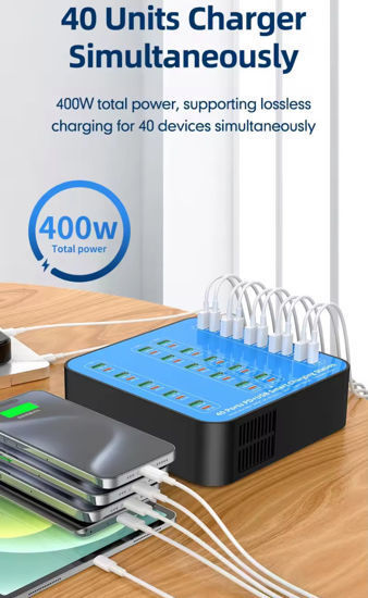 Imagine Statie de incarcare 400W Smart cu 40-Port USB PD Charger 20USB-A+20USB-C PD QC3.0 Fast Charging, pentru iPhone 17/16/ 15 /14 /13 Pro Max, Samsung Galaxy Z Flip7/6 for S25/24/23/22 si ventilator