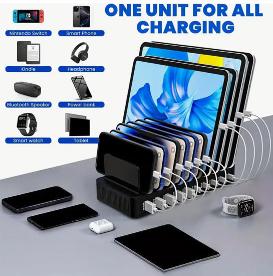 Imagine Statie de Incarcare rapid multi-USB de 240W, GaN PD cu 10 porturi, 2 porturi 100W, 4 porturi 30W, 4 porturi USB-A de 18W, pentru MacBook, iPhone 16, 15, iPad, Samsung, tableta, laptop