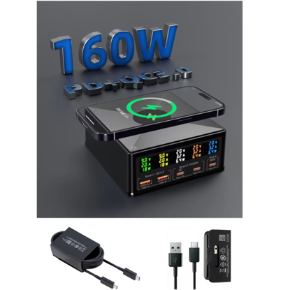 Imagine Set Statie de incarcare 160w, incarcator extern multi-port incarcare rapida, Usb-C pd65W, QC 3.0, Incarcare wireless fast QI 15w, 2 cablu date C-C 5A/ USB -C/A