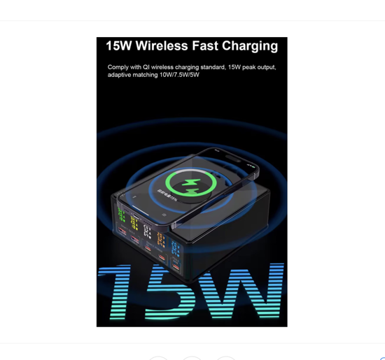 Imagine Set Statie de incarcare 160w, incarcator extern multi-port incarcare rapida, Usb-C pd65W, QC 3.0, Incarcare wireless fast QI 15w, 2 cablu date C-C 5A/ USB -C/A