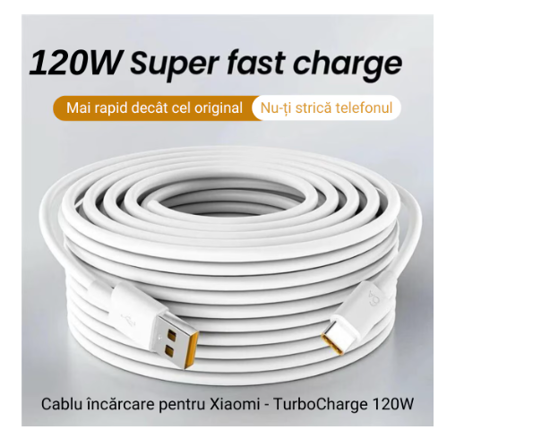 Imagine Cablu date si incarcare rapida 6A,2m  TurboCharge 120W, pentru Xiaomi, RedMi, Poco, USB la USB-C, Type C, alb-portocaliu