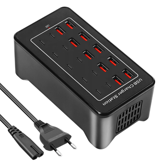 Imagine Statie de incarcare USB 100W, QUANDES, 20 porturi (10 USB-A, 10 USB-C), cu ventilatie, 1, 5m cablu alimentare