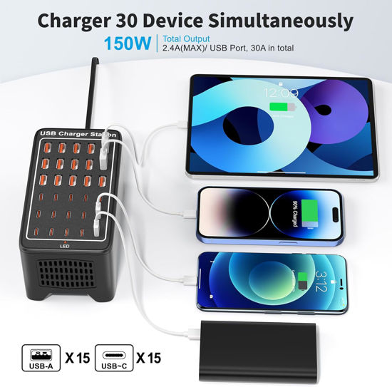 Imagine Statie de incarcare USB, QUANDES, 30 porturi, 150 W, 15 USB-A si 15 USB-C, 160x87x75mm