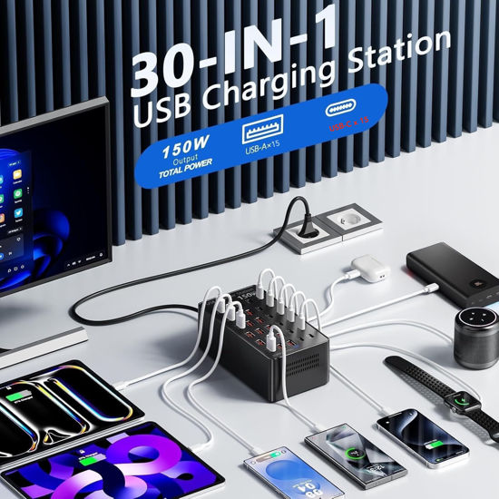 Imagine Statie de incarcare USB, QUANDES, 30 porturi, 150 W, 15 USB-A si 15 USB-C, 160x87x75mm