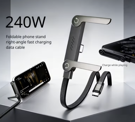 Imagine Kit incarcator 60W PD T6010, cablu USB-C la USB-C, fast charging 240w, 1.5m suport telefon pliabil, compatibil cu Galaxy s26/s25 ultra, QUANDES cu geanta de protectie