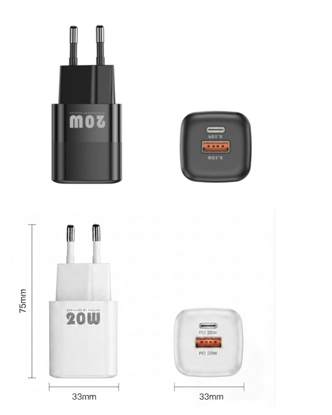 Imagine Set 2 Buc  incarcator 20W PD Type-C, USB QC, Alb, Negru