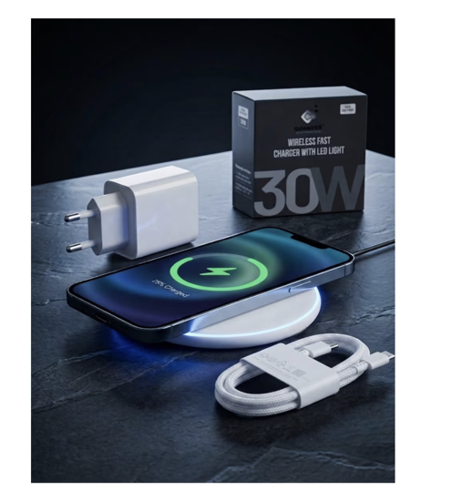 Imagine Set 3buc, Incarcator Wireless super Fast Charging 30W, Pad QI, 20W adaptor PD usb-C, Cablu date 3A C-C, compatibil cu Iphone 17, 16, 15, 14, 13, 12, QUANDES®, Alb