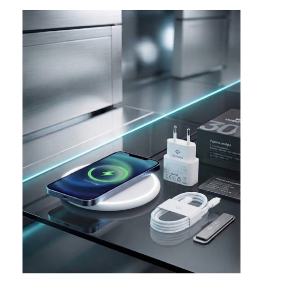 Imagine Set 3buc, Incarcator Wireless super Fast Charging 30W, Pad QI, 20W adaptor PD usb-C, Cablu date 3A C-C, compatibil cu Iphone 17, 16, 15, 14, 13, 12, QUANDES®, Alb