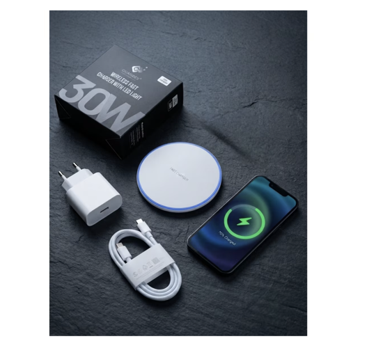 Imagine Set 3buc, Incarcator Wireless super Fast Charging 30W, Pad QI, 20W adaptor PD usb-C, Cablu date 3A C-C, compatibil cu Iphone 17, 16, 15, 14, 13, 12, QUANDES®, Alb