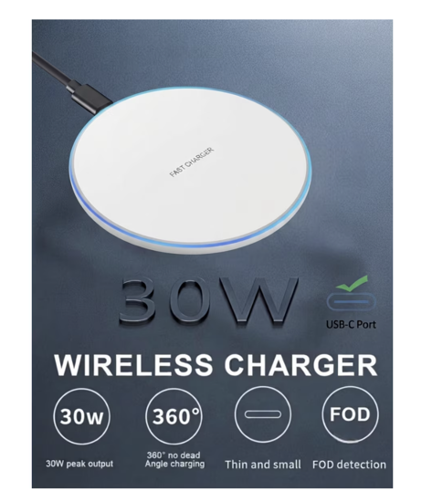 Imagine Set 3buc, Incarcator Wireless super Fast Charging 30W, Pad QI, 20W adaptor PD usb-C, Cablu date 3A C-C, compatibil cu Iphone 17, 16, 15, 14, 13, 12, QUANDES®, Alb