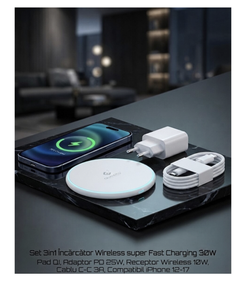 Imagine Set 3buc, Incarcator Wireless super Fast Charging 30W, Pad QI, 20W adaptor PD usb-C, Cablu date 3A C-C, compatibil cu Iphone 17, 16, 15, 14, 13, 12, QUANDES®, Alb