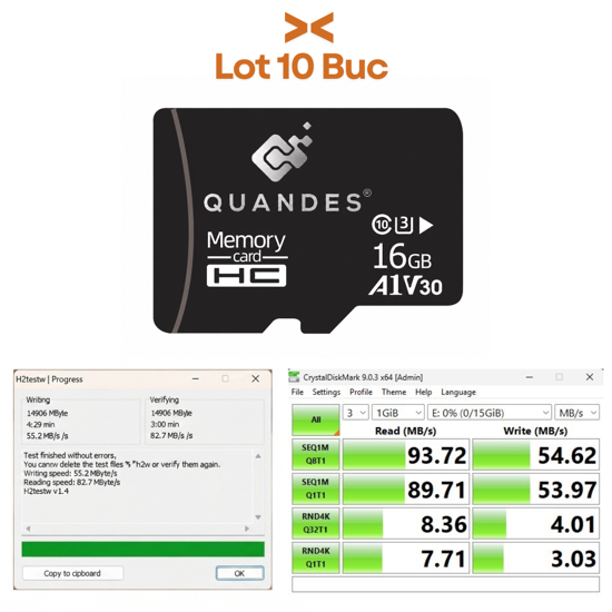 Imagine Card de memorie QUANDES® Premum MicroSDHC, 16GB, Class 10, Mare viteza U3, V30, A1 Viteza de citire Max 83 MB/s ,Viteza de scriere 55 MB/s (36 ron pe buc) Lot 10 buc
