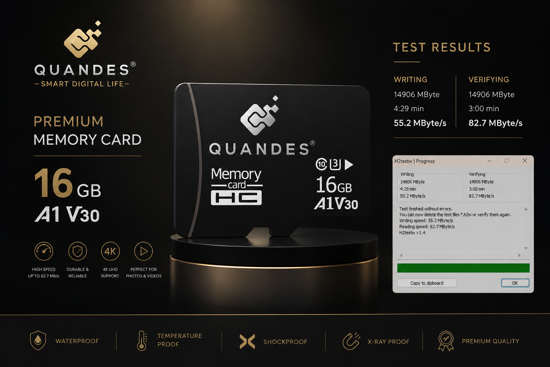 Imagine Card de memorie QUANDES® Premum MicroSDHC, 16GB, Class 10, Mare viteza U3, V30, A1 Viteza de citire Max 83 MB/s ,Viteza de scriere 55 MB/s (36 ron pe buc) Lot 10 buc