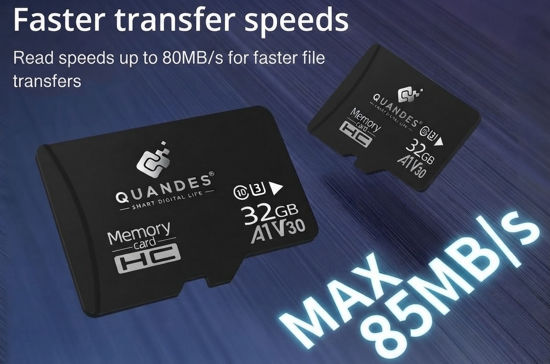 Imagine Card de memorie QUANDES® Premum MicroSDHC, 32GB, Class 10, Mare viteza U3, V30, A1 Viteza de citire 86 MB/s ,Viteza de scriere 34 MB/s (47 ron pe buc) Lot 10 buc
