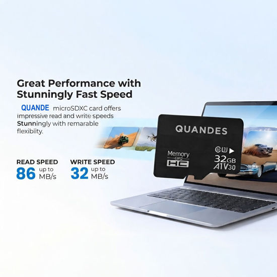 Imagine Card de memorie QUANDES® Premum MicroSDHC, 32GB, Class 10, Mare viteza U3, V30, A1 Viteza de citire 86 MB/s ,Viteza de scriere 34 MB/s (47 ron pe buc) Lot 10 buc