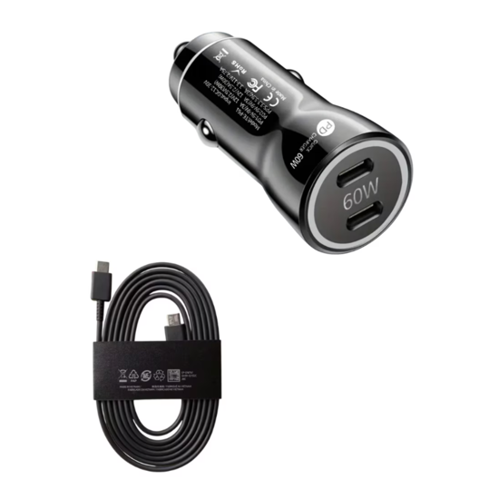 Imagine Kit incarcator auto Dual USB-C-C 60W Fast Charger, 1 Cablu date USB-C-C 5A-1, 8M, QUANDES®, Compatibil cu Galaxy s26, s25, 24, 23 Ultra