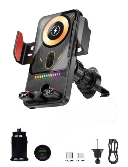 Imagine Set Suport Auto cu Incarcare Wireless 15W + Magnetica Rapida 66W, QUANDES®, USB-C si Micro-USB, Senzor Infrarosu Deschidere Automata, Rotire Electrica 90°, Prindere Sigura Grila Ventilatie, Touch Sensor, 18w adaptor usb A Compatibilitate iPhone, Samsung, Universala 4 - 7.2”