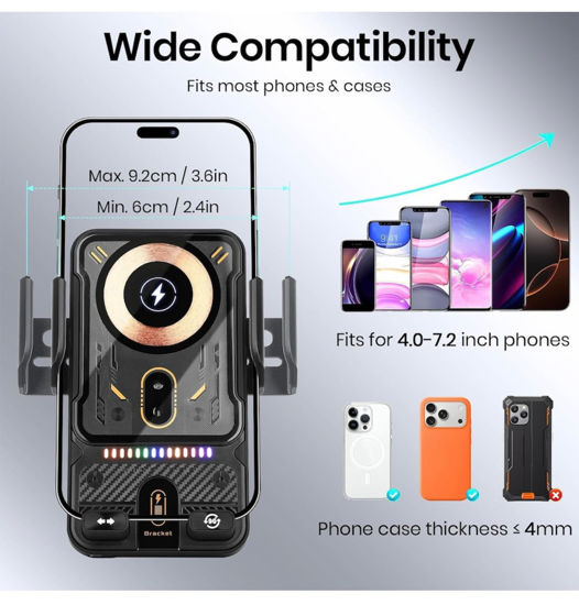 Imagine Set Suport Auto cu Incarcare Wireless 15W + Magnetica Rapida 66W, QUANDES®, USB-C si Micro-USB, Senzor Infrarosu Deschidere Automata, Rotire Electrica 90°, Prindere Sigura Grila Ventilatie, Touch Sensor, 18w adaptor usb A Compatibilitate iPhone, Samsung, Universala 4 - 7.2”