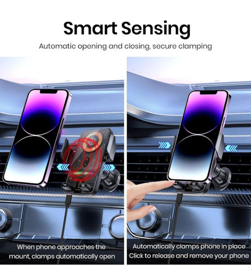 Imagine Set Suport Auto cu Incarcare Wireless 15W + Magnetica Rapida 66W, QUANDES®, USB-C si Micro-USB, Senzor Infrarosu Deschidere Automata, Rotire Electrica 90°, Prindere Sigura Grila Ventilatie, Touch Sensor, 18w adaptor usb A Compatibilitate iPhone, Samsung, Universala 4 - 7.2”