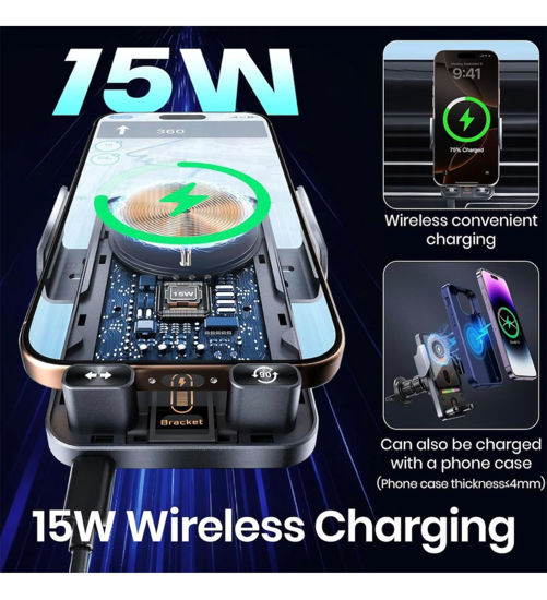 Imagine Set Suport Auto cu Incarcare Wireless 15W + Magnetica Rapida 66W, QUANDES®, USB-C si Micro-USB, Senzor Infrarosu Deschidere Automata, Rotire Electrica 90°, Prindere Sigura Grila Ventilatie, Touch Sensor, 18w adaptor usb A Compatibilitate iPhone, Samsung, Universala 4 - 7.2”