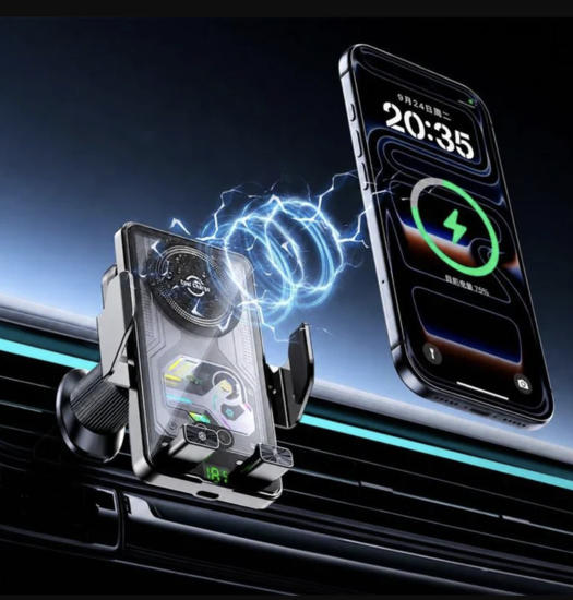 Imagine Set incarcator Auto wireless de 15W, Adaptor Auto 18w, sistem de racire si fixare automata prin senzor magnetic, rotatie la 360°, compatibil cu iPhone 18/17/16/15/14/13/12