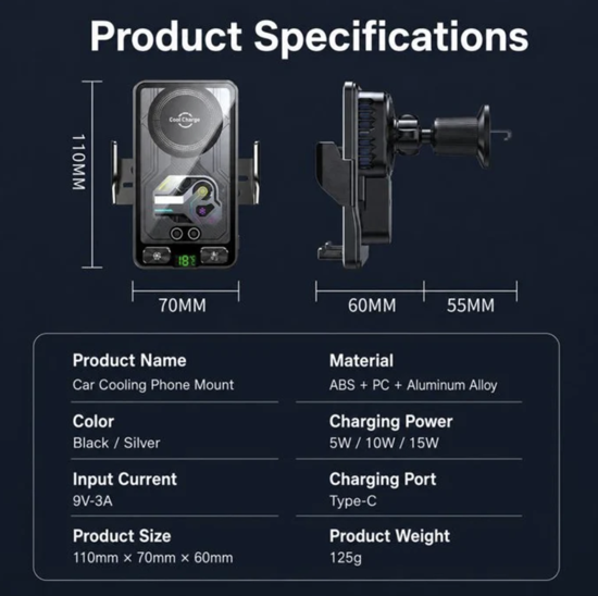 Imagine Set incarcator Auto wireless de 15W, Adaptor Auto 18w, sistem de racire si fixare automata prin senzor magnetic, rotatie la 360°, compatibil cu iPhone 18/17/16/15/14/13/12