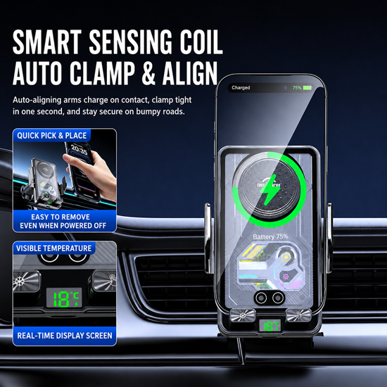 Imagine Set incarcator Auto wireless de 15W, Adaptor Auto 18w, sistem de racire si fixare automata prin senzor magnetic, rotatie la 360°, compatibil cu Samsung S26/s25/s24/s23/s22