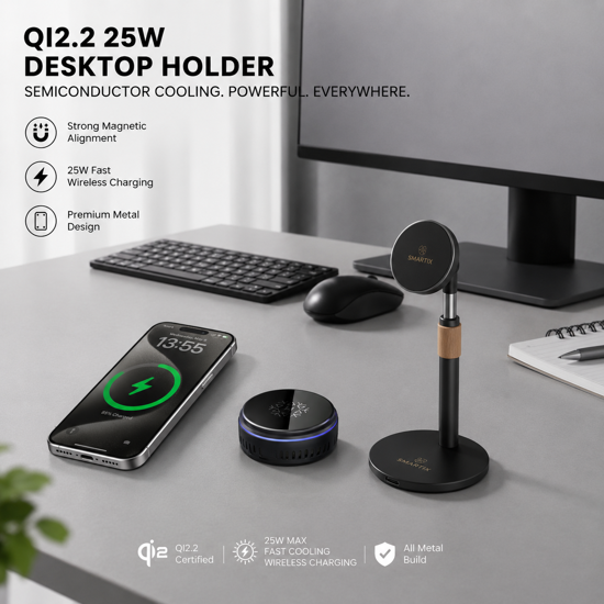 Imagine Set 4 in1 Incarcator wireless 25W, Qi2.2 cu iluminare RGB, 25W, prindere ventilatie cu magnet, QUANDES TEC COOLING, sistem racire activa, adaptor auto45w, Suport portabil reglabil pentru pentru birou