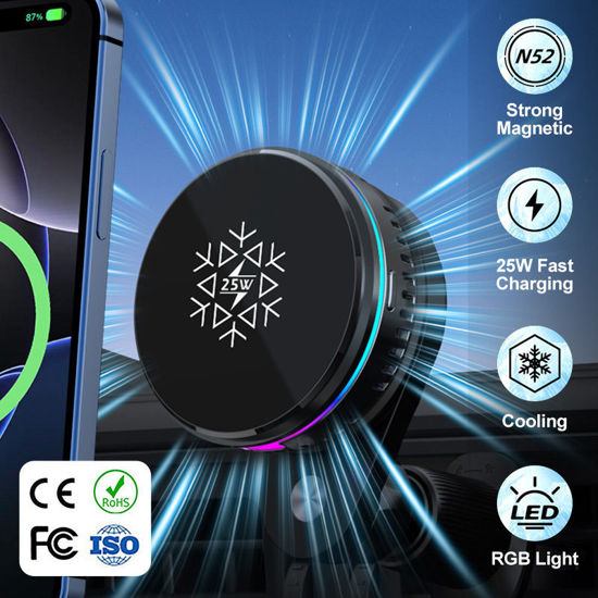 Imagine Set 4 in1 Incarcator wireless 25W, Qi2.2 cu iluminare RGB, 25W, prindere ventilatie cu magnet, QUANDES TEC COOLING, sistem racire activa, adaptor auto45w, Suport portabil reglabil pentru pentru birou