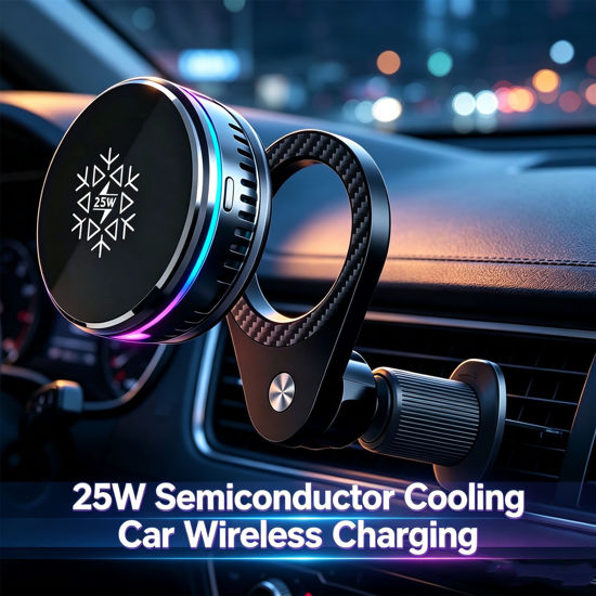 Imagine Set 4 in1 Incarcator wireless 25W, Qi2.2 cu iluminare RGB, 25W, prindere ventilatie cu magnet, QUANDES TEC COOLING, sistem racire activa, adaptor auto45w, Suport portabil reglabil pentru pentru birou